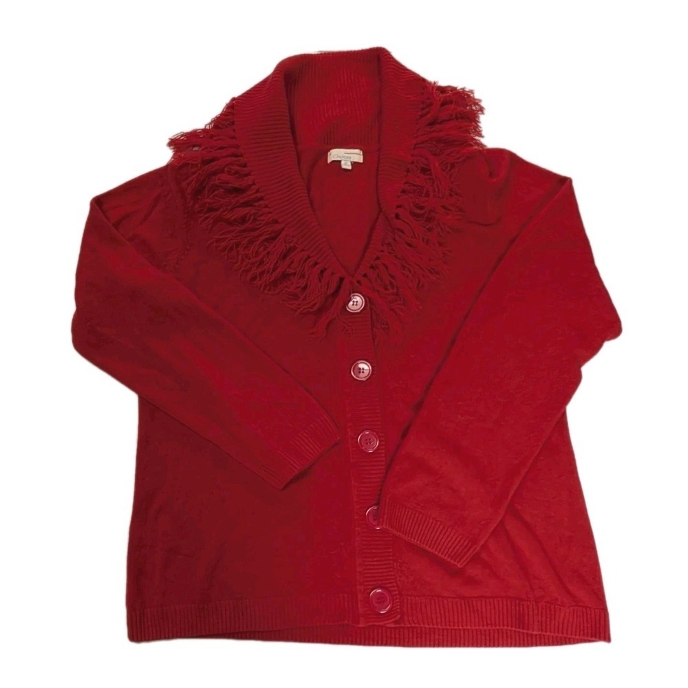 Choices Red Fringe Shawl Collar Button Front Cardigan Sweater XL Feminine